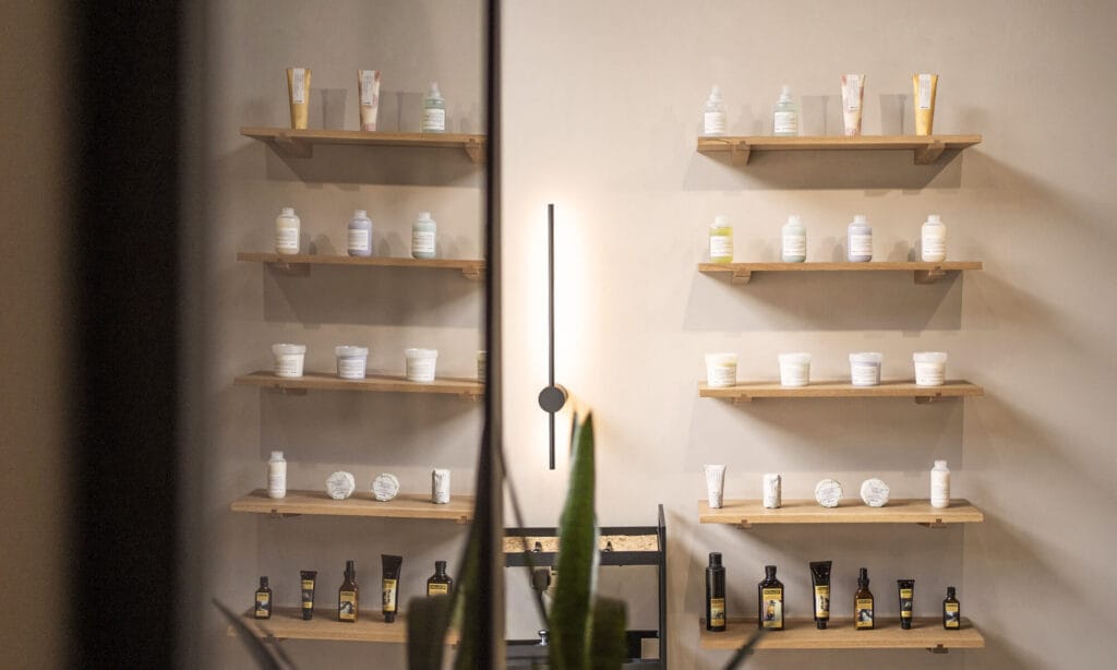 Davines product shelves reflected in salon mirror at mosu hair space
