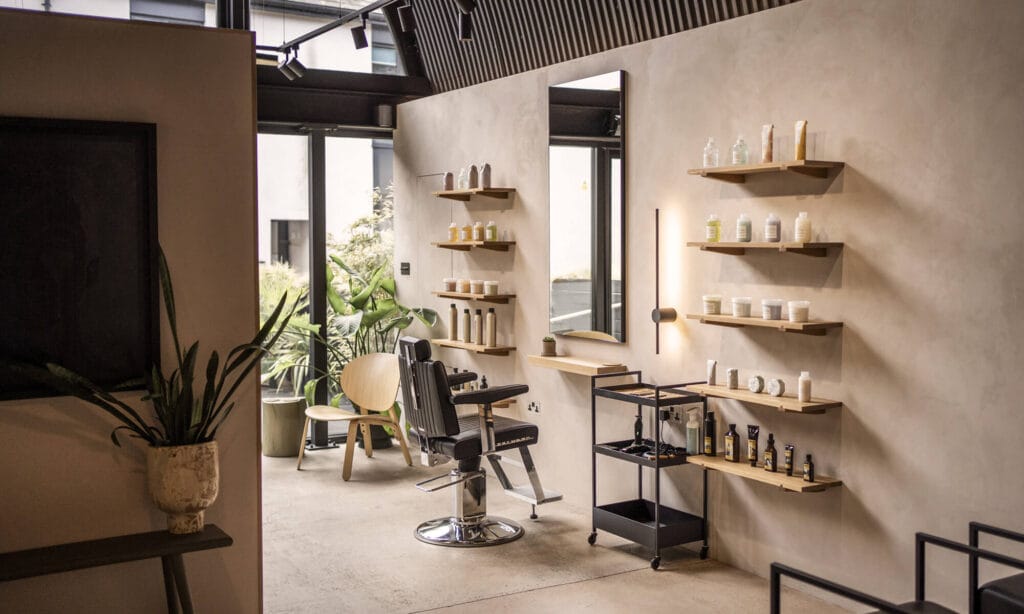 Styling chair and davines product display shelves at mosu hair space